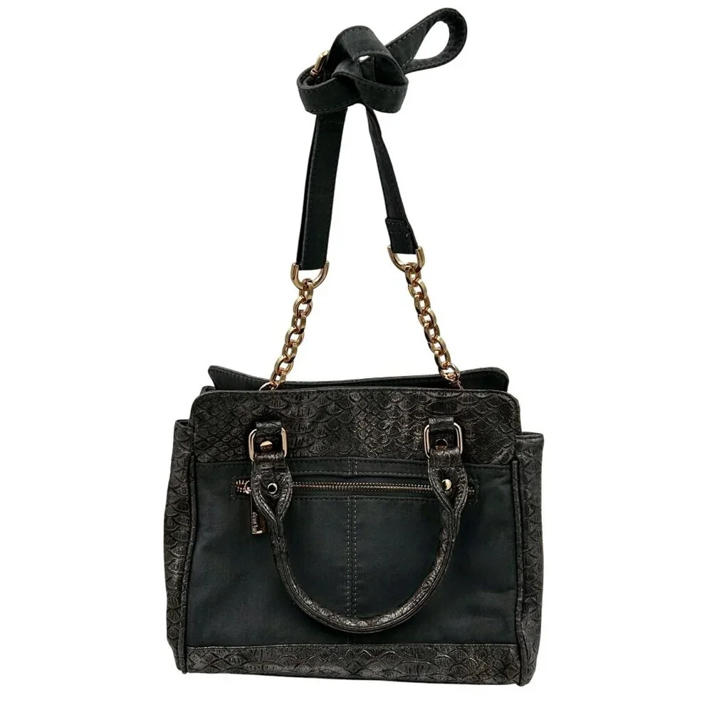 Deux Lux Satchel Tote Women Gray Faux Leather Croc Embossed Metallic Chain Strap